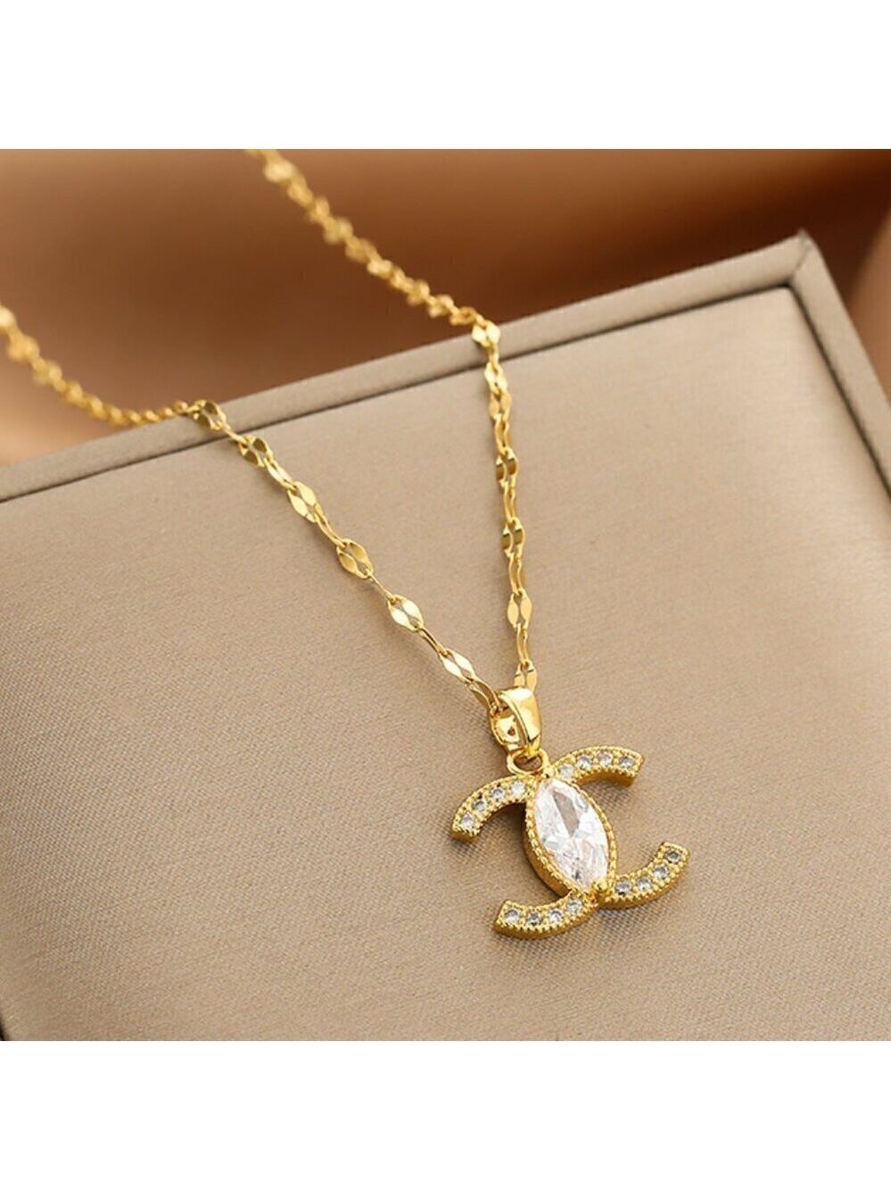 18K Gold Plated  Stainless Steel CC Simulated Diamond Pendant, Lip Chain